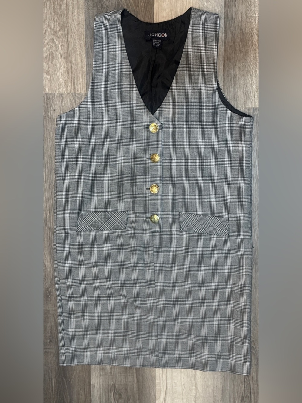 Vintage 90’s J.G. Hook Black and Gray Plaid Midi Dress with Gold Buttons
